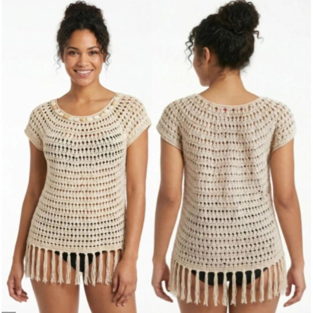 Ruby Rd. Women's Crochet Knit Fringe Tassel Hem Swim Cover-Up Top‎ Size Medium